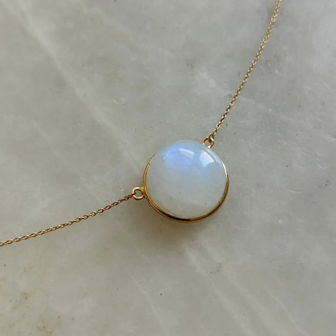 Natural Round Cut Rainbow Moonstone Simple Bezel Set Pendant - 14k Gold Vermeil Pendant