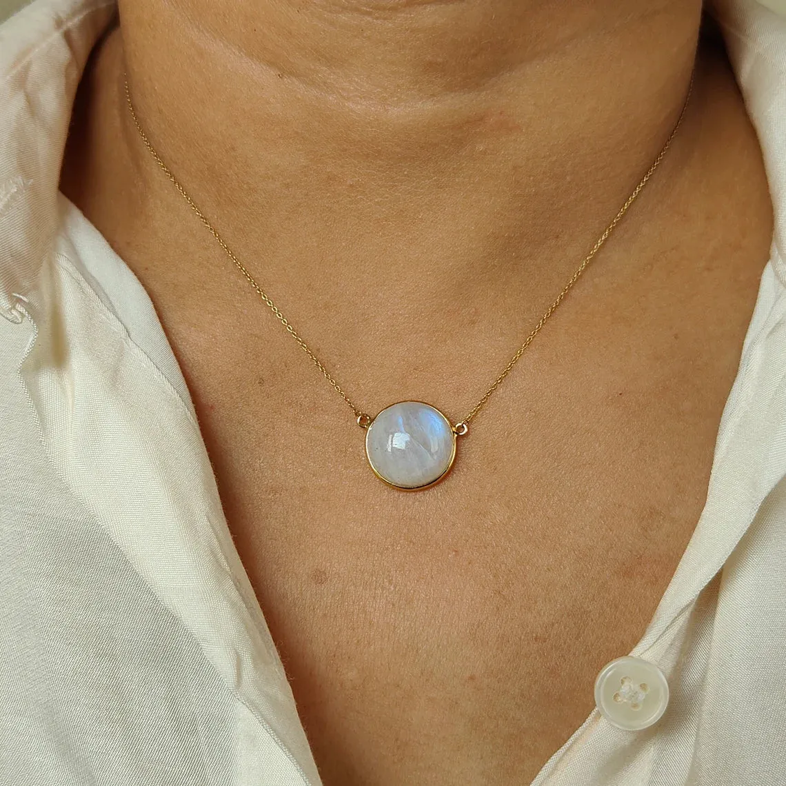 Natural Round Cut Rainbow Moonstone Simple Bezel Set Pendant - 14k Gold Vermeil Pendant