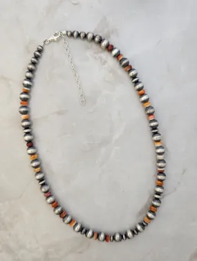 Navajo Pearls & Orange Spiny Oyster 8mm Round & Rondelle Necklace Sterling Silver