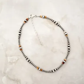 Navajo Pearls & Orange Spiny Oyster Multi Graduated Necklace Sterling Silver