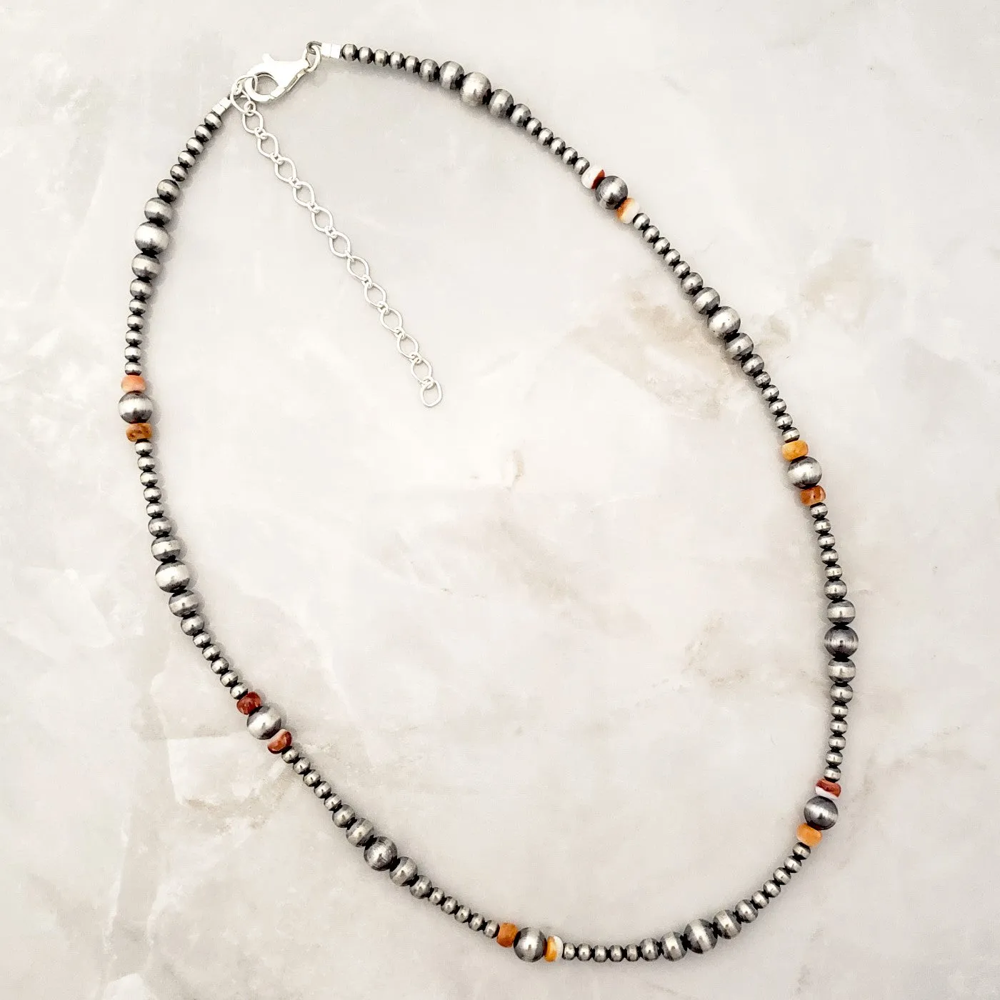 Navajo Pearls & Orange Spiny Oyster Multi Graduated Necklace Sterling Silver