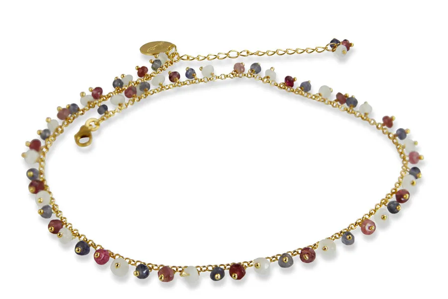 Necklace - Stone & Chain Moonstone,Iolite,Pink Tourmaline Choker Gold Plated Sterling Silver 16"