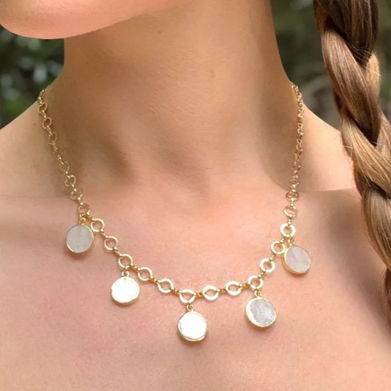 New! Dangling Coin Choker - Rainbow Moonstone