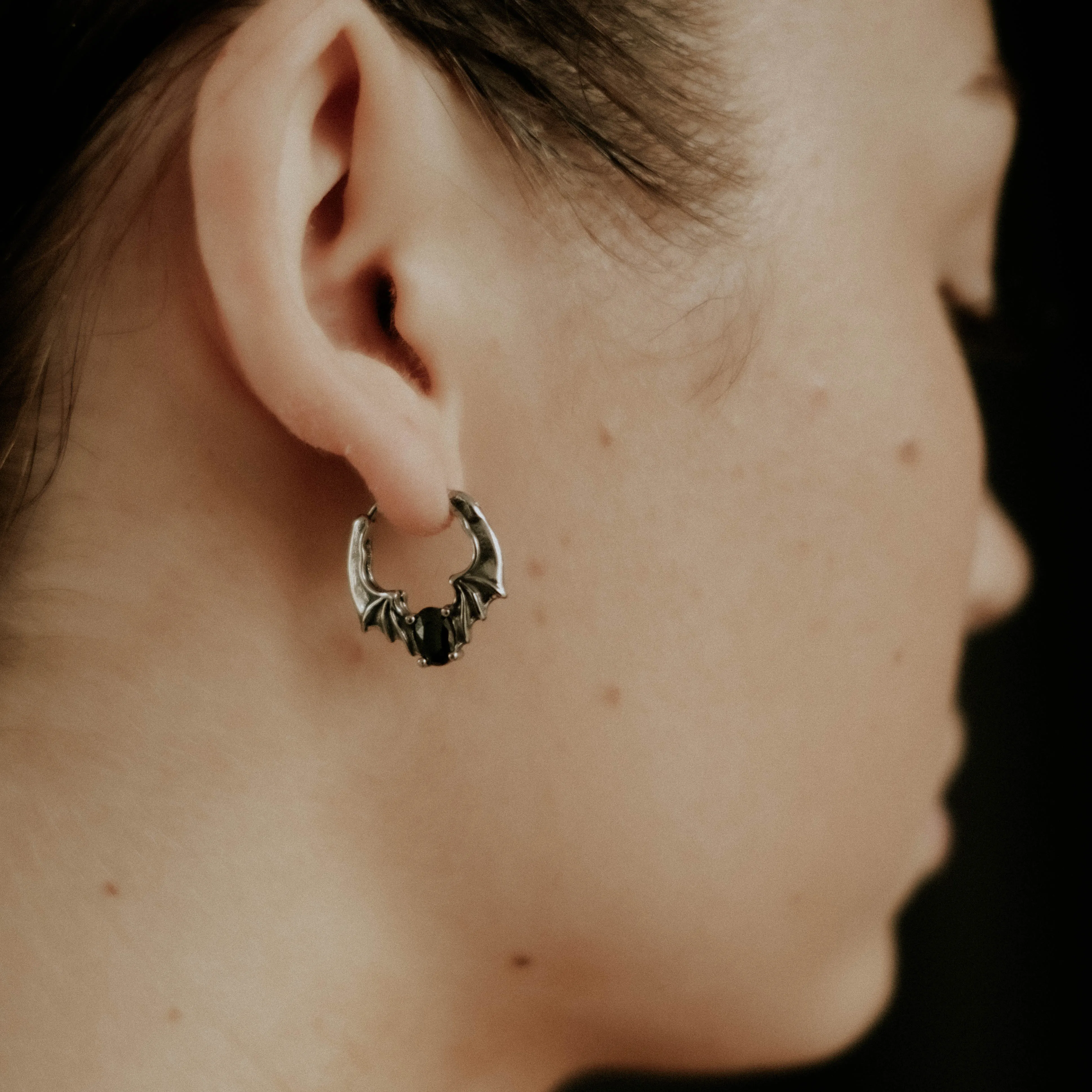 Nocturnal Black Gem Bat Hoop Earrings