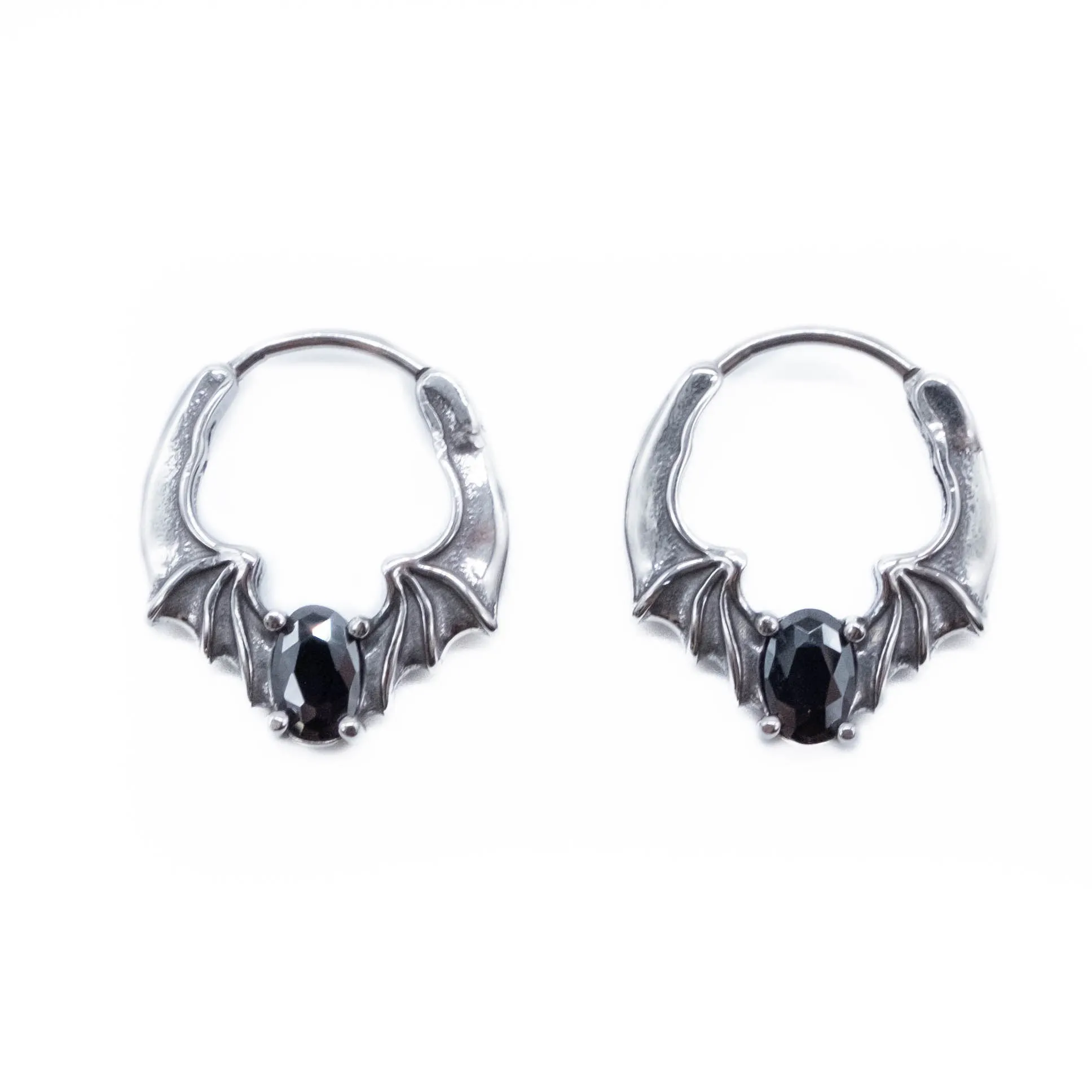 Nocturnal Black Gem Bat Hoop Earrings