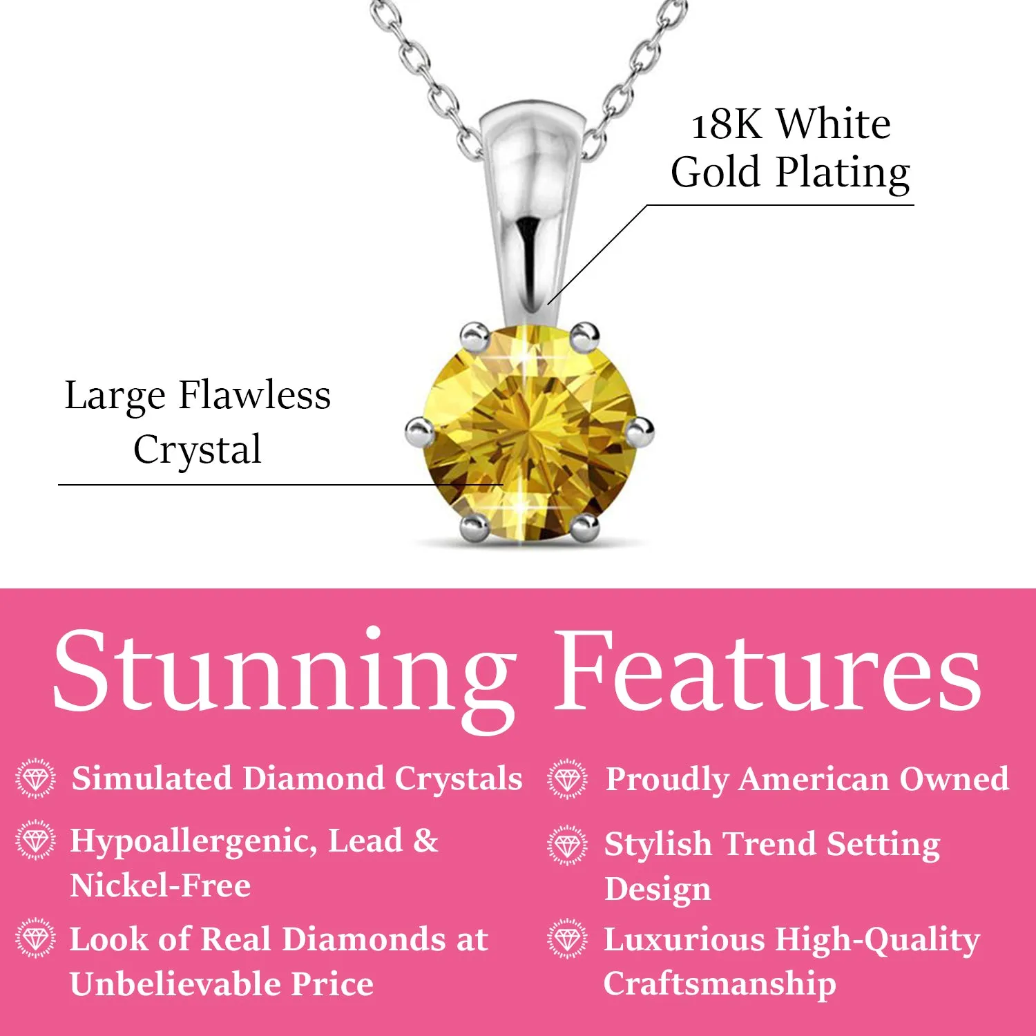 November Birthstone Citrine Necklace 18k White Gold Plated Solitaire Necklace with 1CT Swarovski Crystal