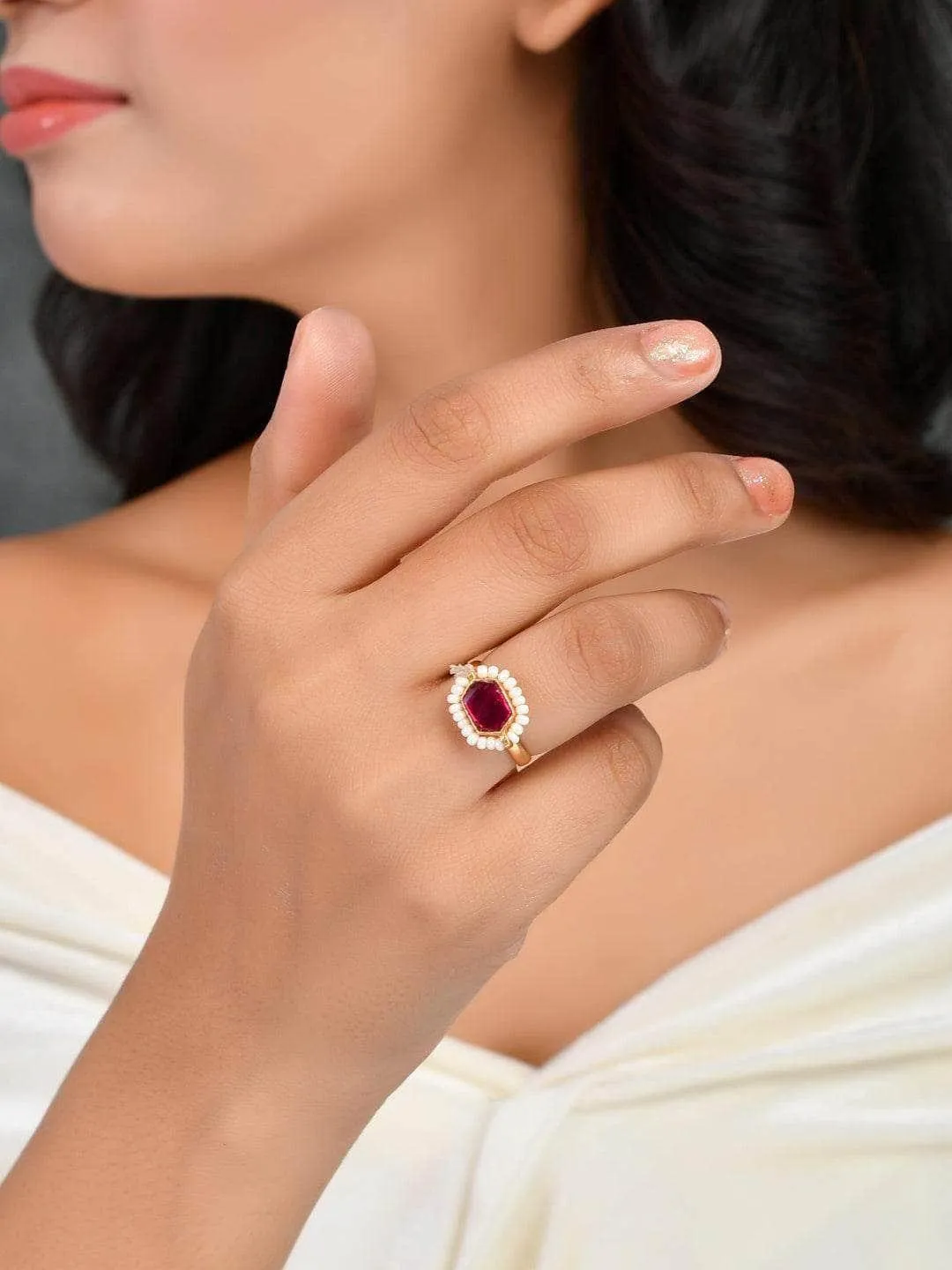 Oblong Kundan Pearl Ring Red