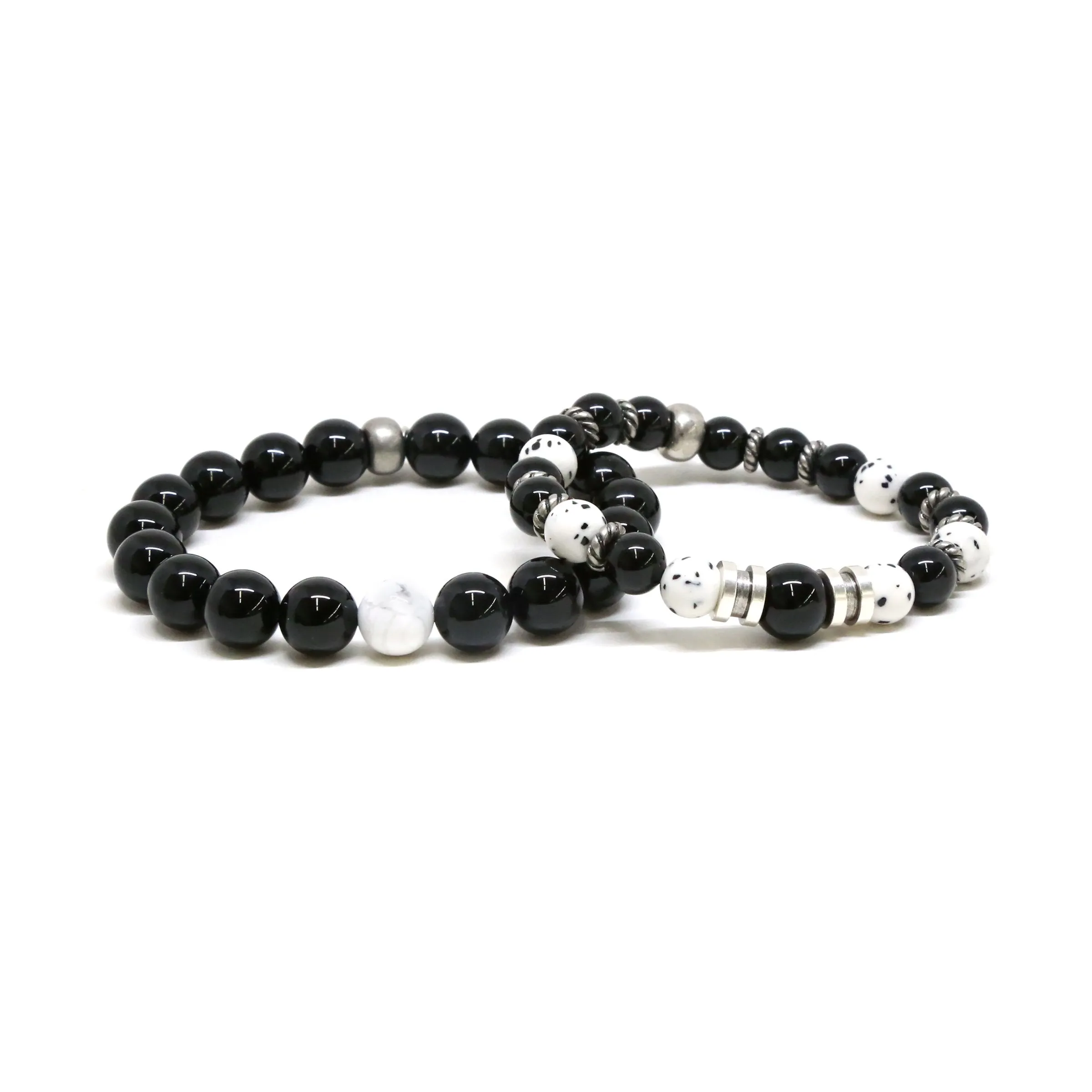 Onyx and Howlite Beaded Elastic Bracelet Set in Silver Ox