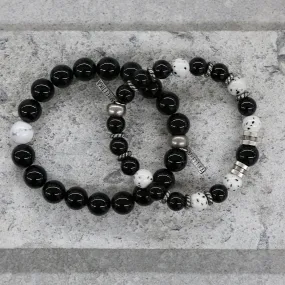 Onyx and Howlite Beaded Elastic Bracelet Set in Silver Ox