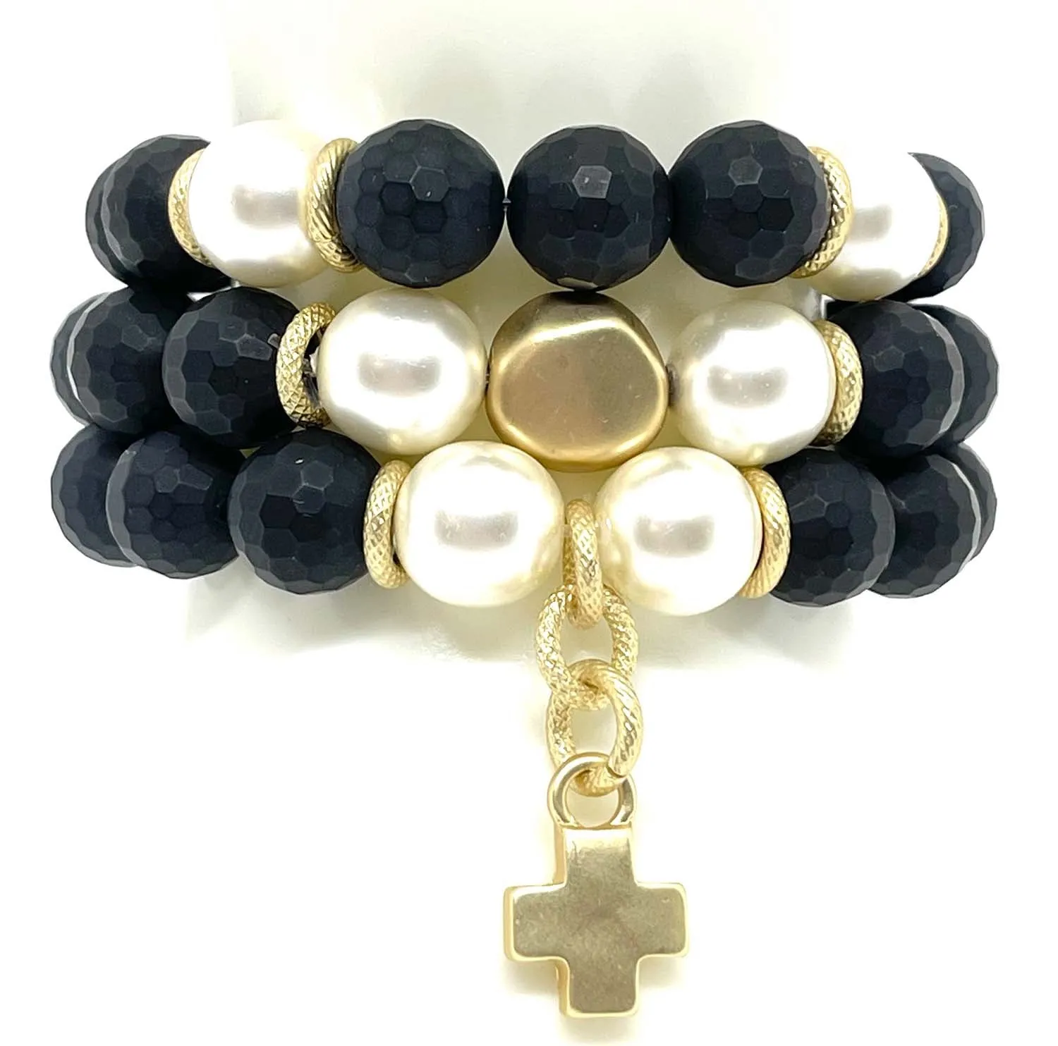 Onyx With Glass Pearl Matte Gold Cross Stretch Bracelet