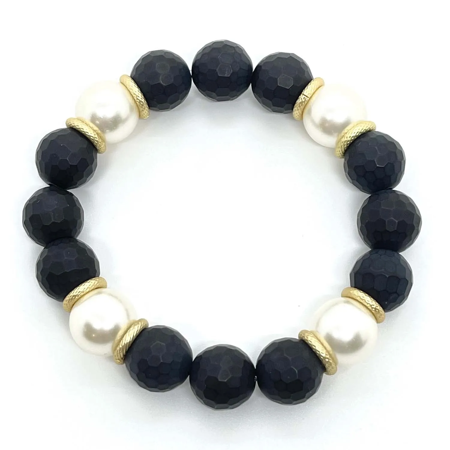 Onyx With Glass Pearl Matte Gold Cross Stretch Bracelet