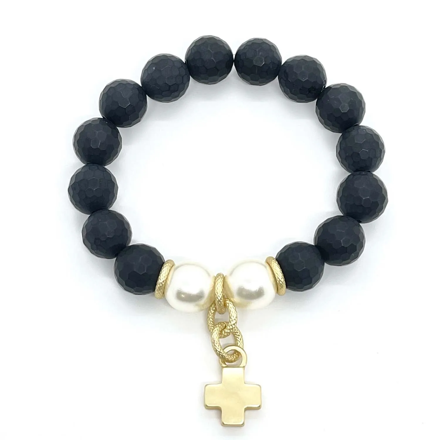 Onyx With Glass Pearl Matte Gold Cross Stretch Bracelet