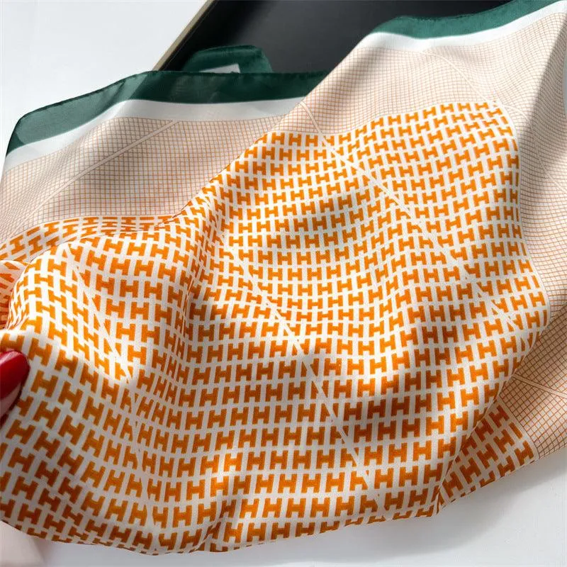 Orange Plaid 70cm square scarf, Silk textured scarf, Sun protection satin scarf, Neck scarf, Satin Shawl, Gift