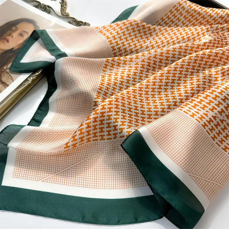 Orange Plaid 70cm square scarf, Silk textured scarf, Sun protection satin scarf, Neck scarf, Satin Shawl, Gift