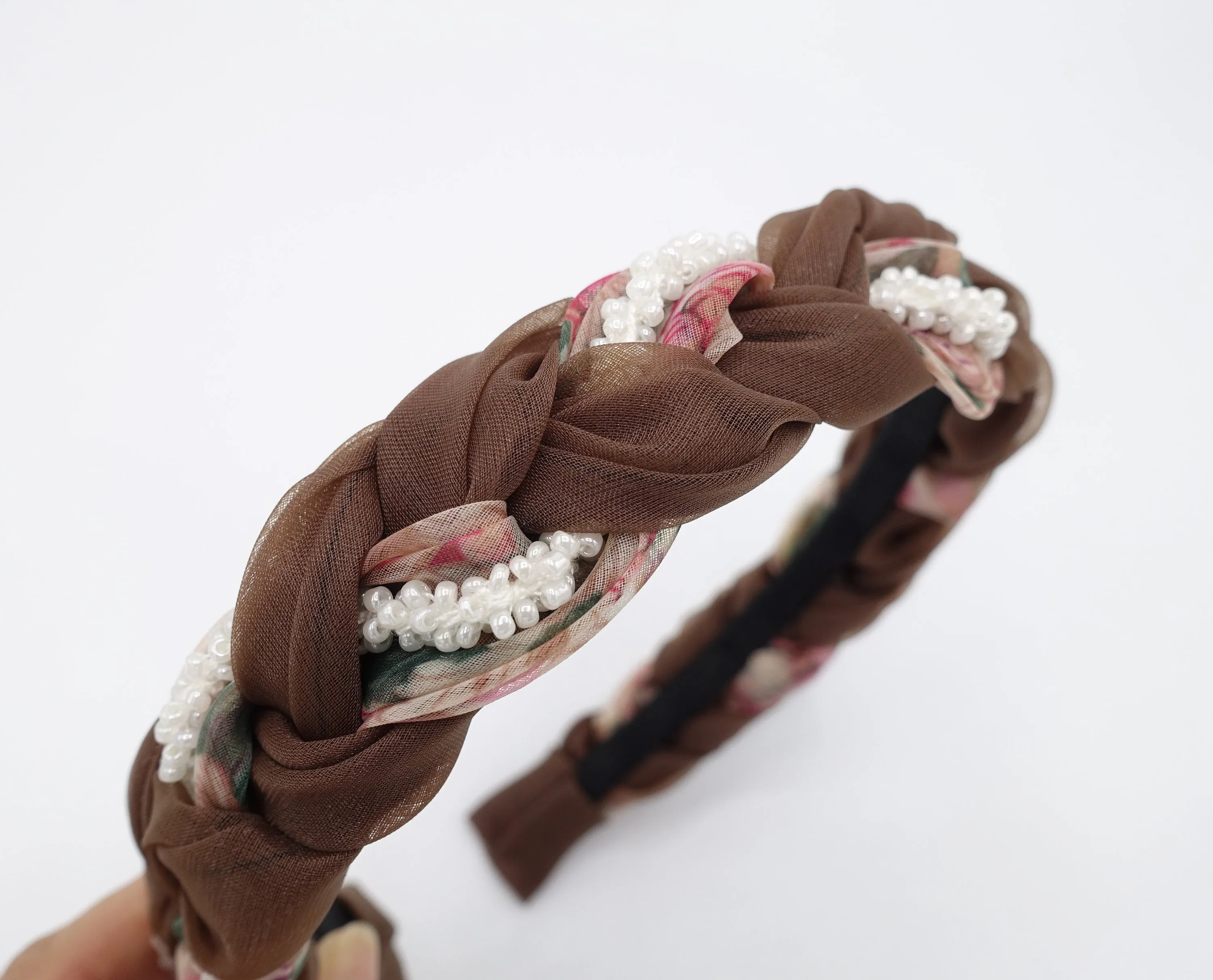 organza braided headband, floral braided headband, beads braided headband for women