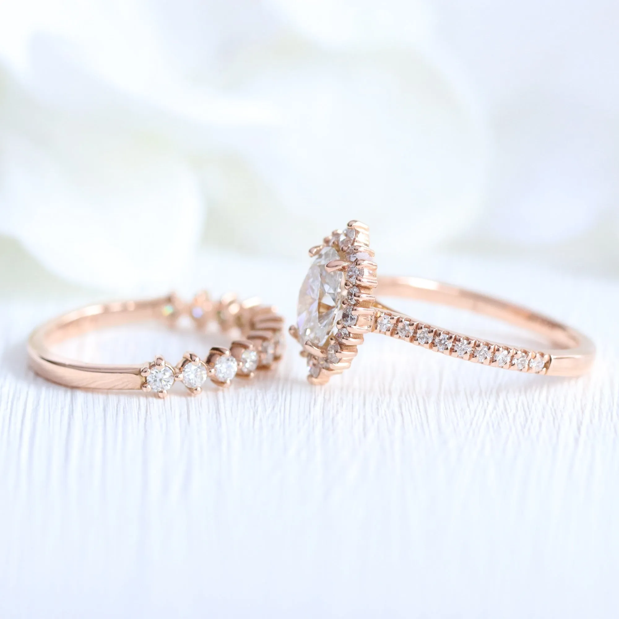 Oval Diamond Halo Pave Ring Set w/ Lab Diamond and 4 Prong Wedding Band