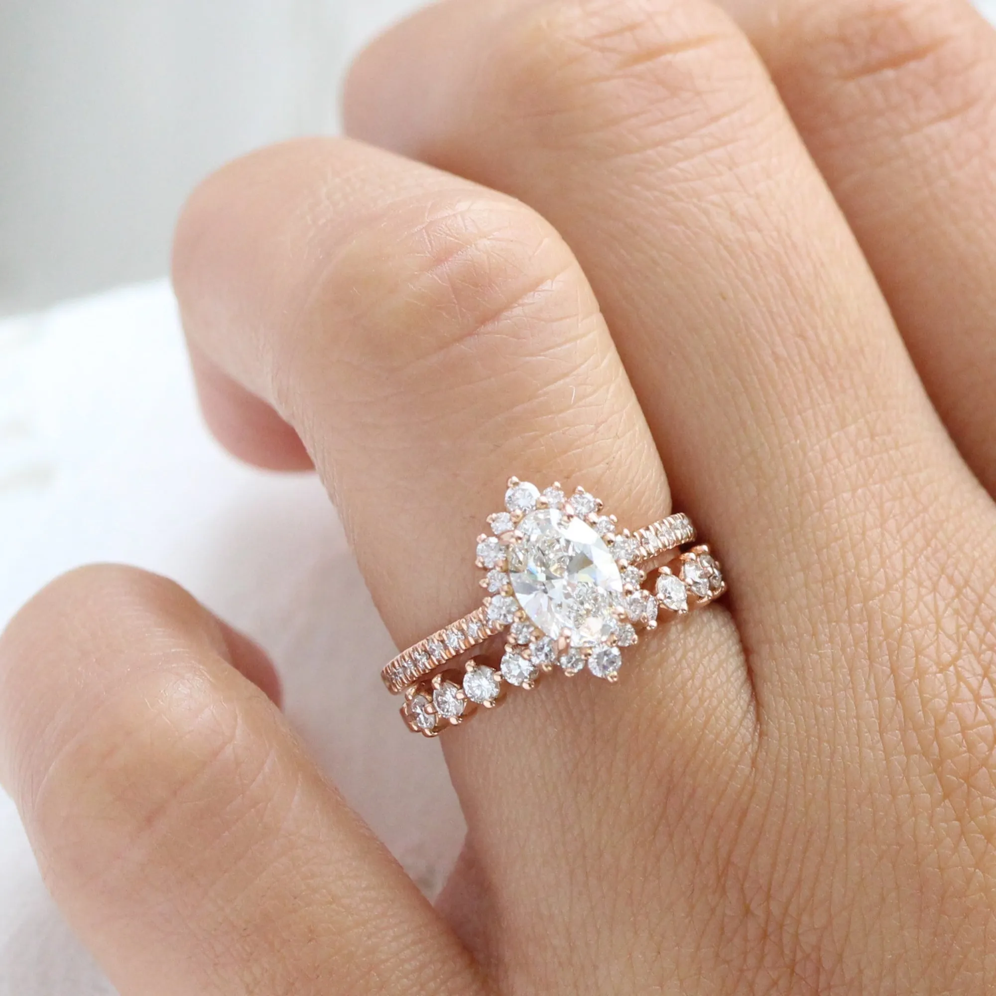 Oval Diamond Halo Pave Ring Set w/ Lab Diamond and 4 Prong Wedding Band