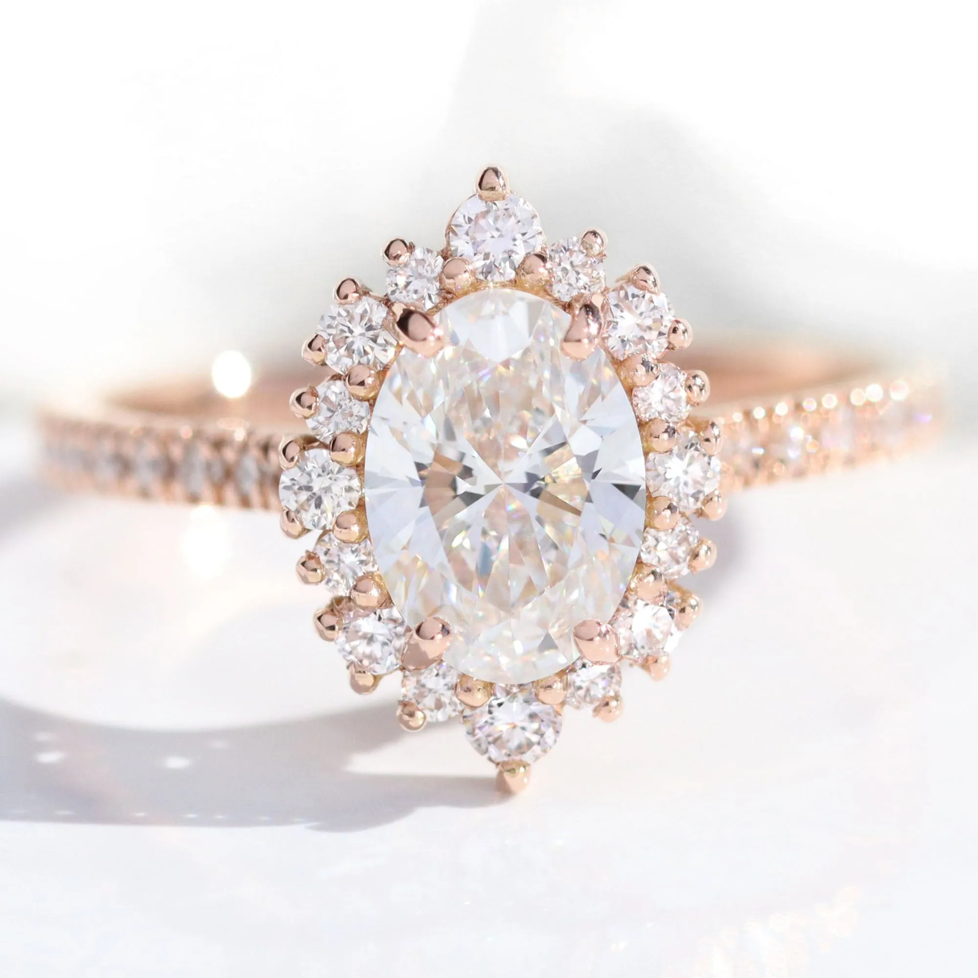 Oval Diamond Halo Pave Ring Set w/ Lab Diamond and 4 Prong Wedding Band