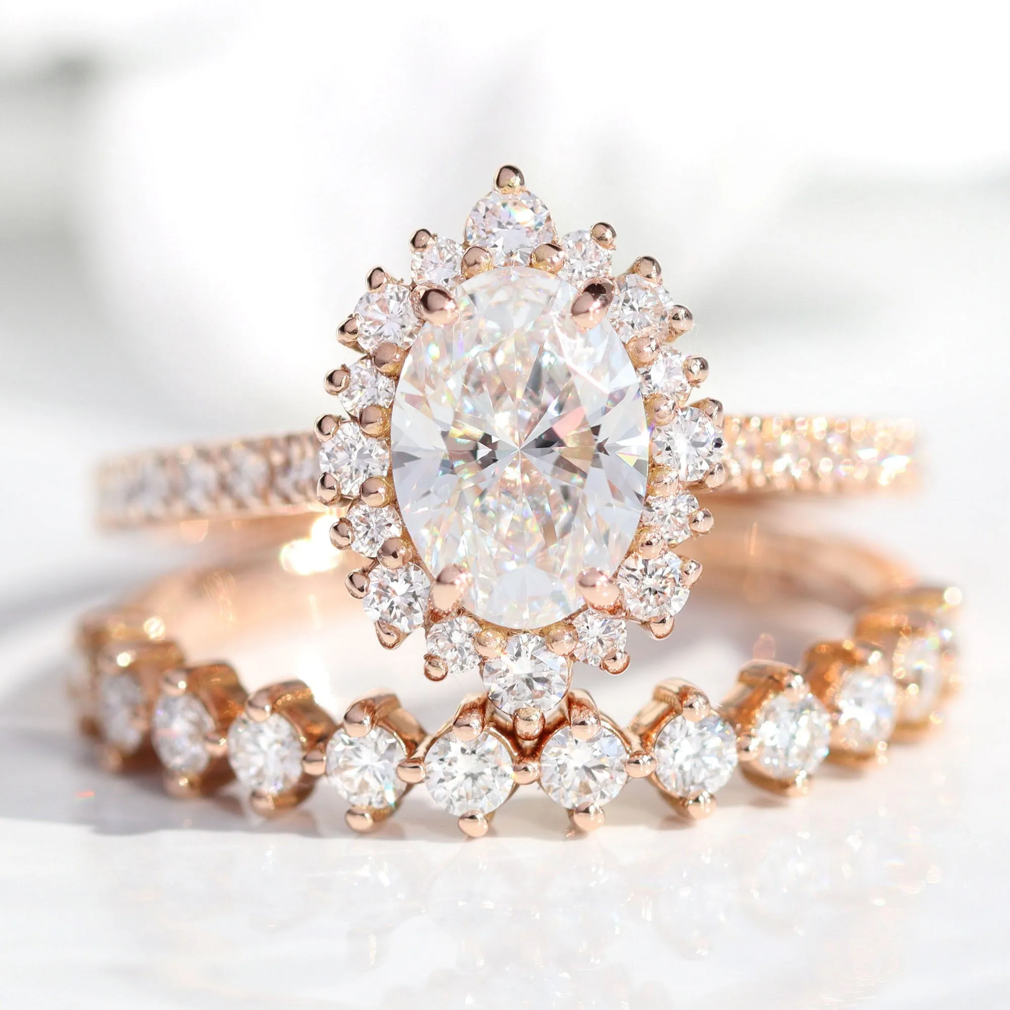 Oval Diamond Halo Pave Ring Set w/ Lab Diamond and 4 Prong Wedding Band