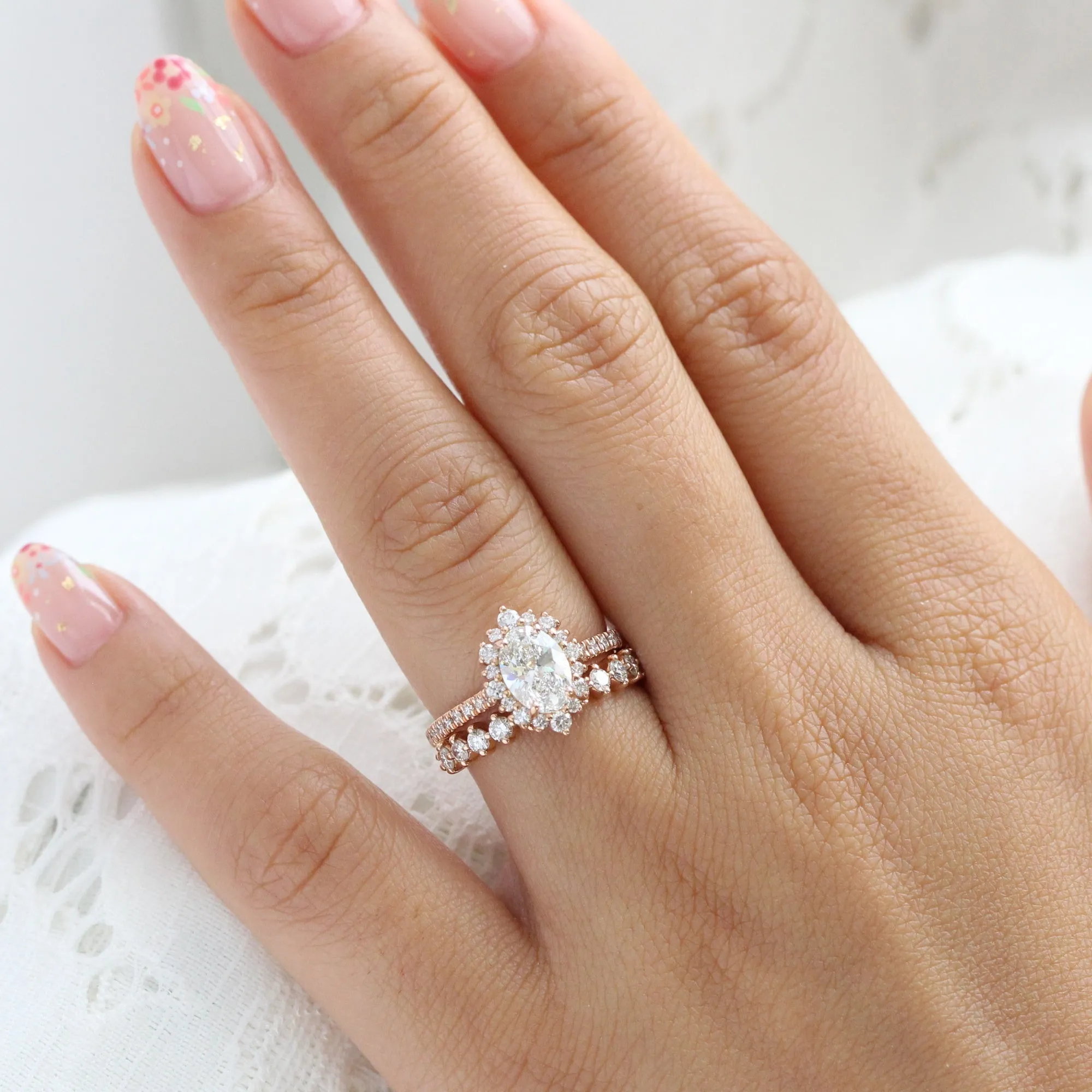 Oval Diamond Halo Pave Ring Set w/ Lab Diamond and 4 Prong Wedding Band