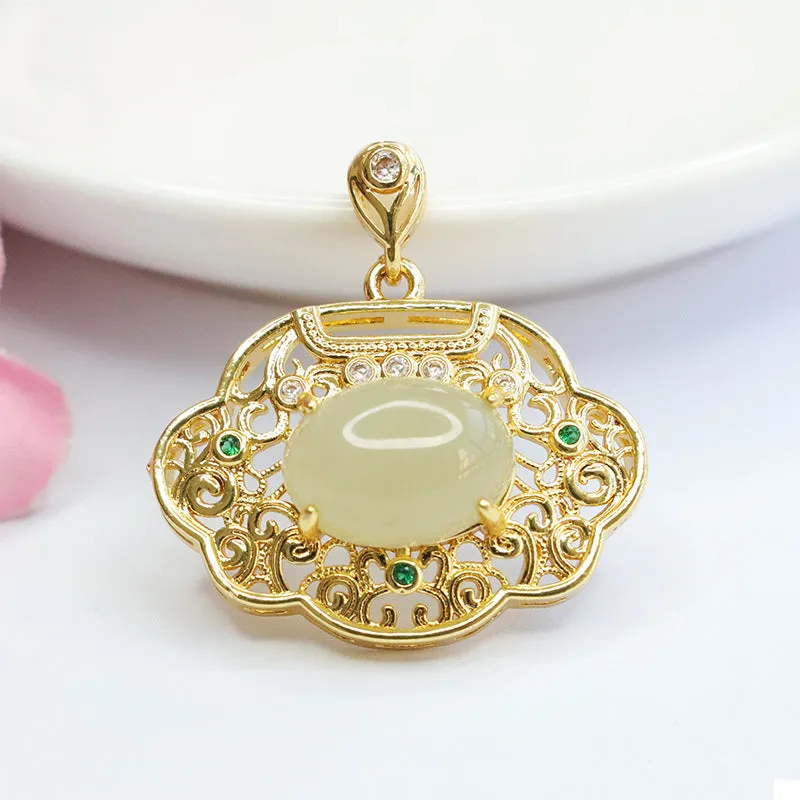 Oval Hollow Natural Hotan Jade Ruyi Lock Fortune's Favor Pendant