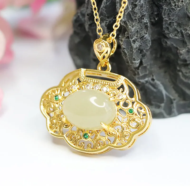 Oval Hollow Natural Hotan Jade Ruyi Lock Fortune's Favor Pendant