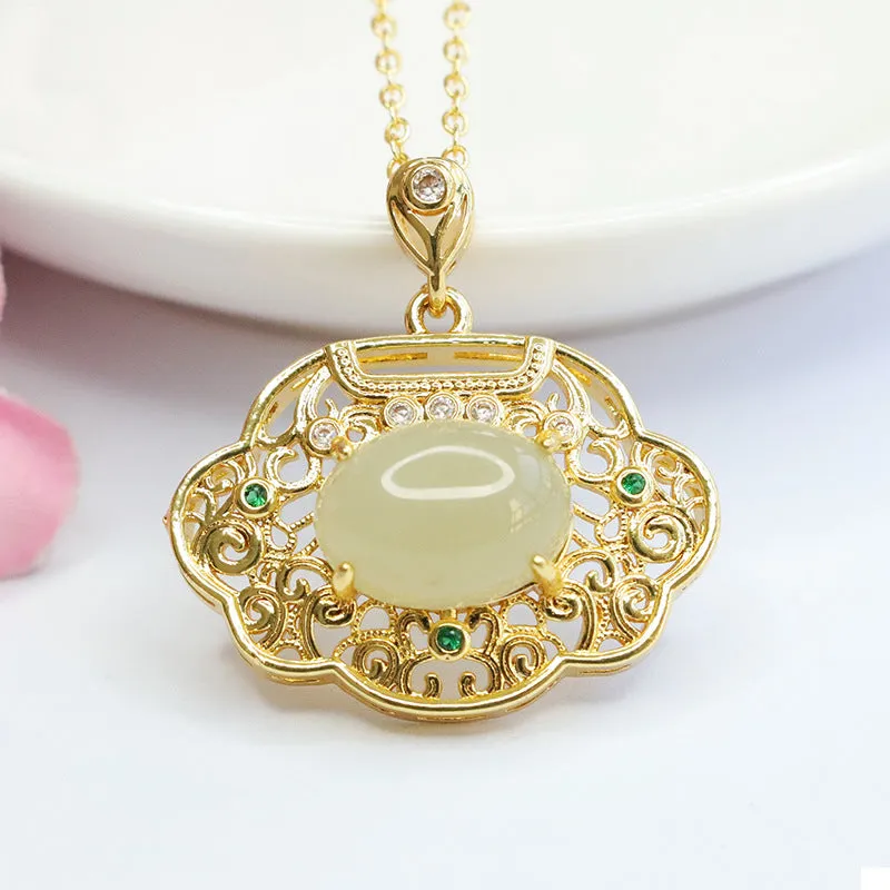 Oval Hollow Natural Hotan Jade Ruyi Lock Fortune's Favor Pendant