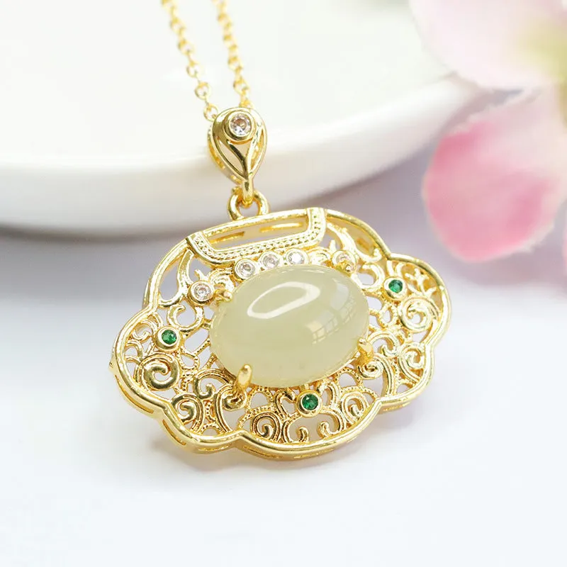 Oval Hollow Natural Hotan Jade Ruyi Lock Fortune's Favor Pendant