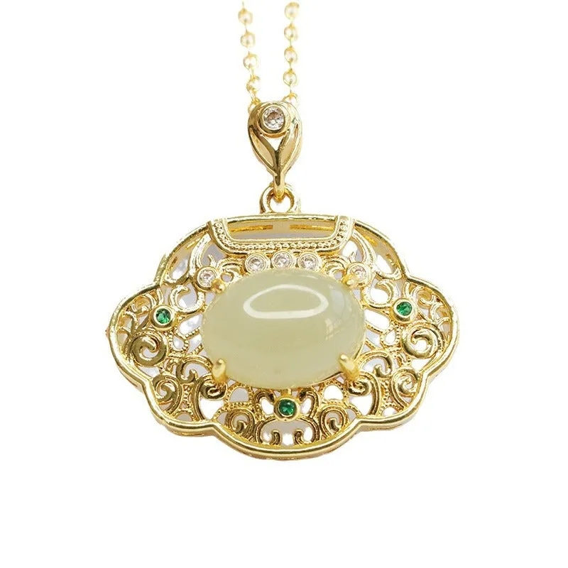 Oval Hollow Natural Hotan Jade Ruyi Lock Fortune's Favor Pendant