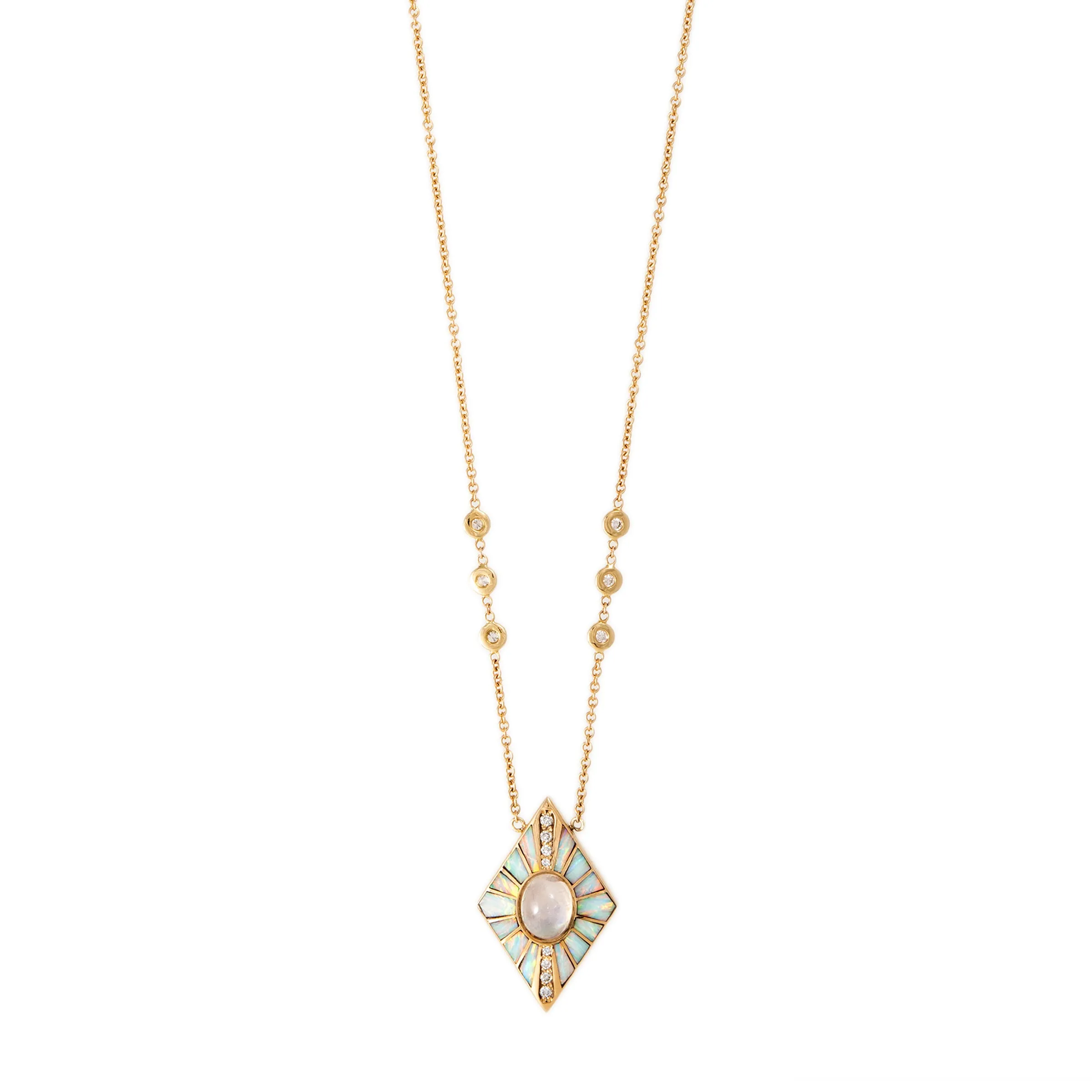 PAVE MOONSTONE   WHITE OPAL INLAY KITE NECKLACE