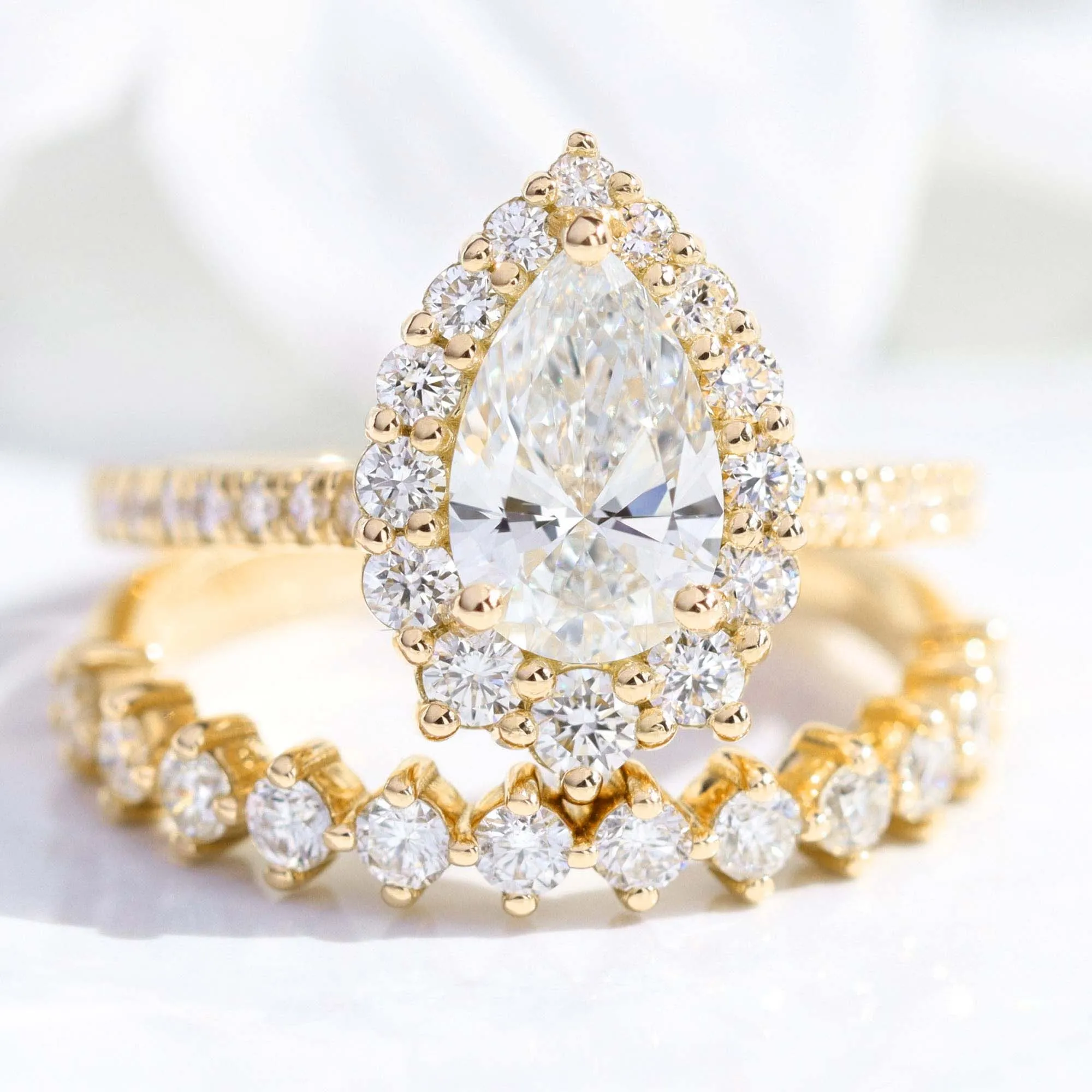 Pear Diamond Halo Pave Ring Set w/ Lab Diamond and 4 Prong Wedding Band