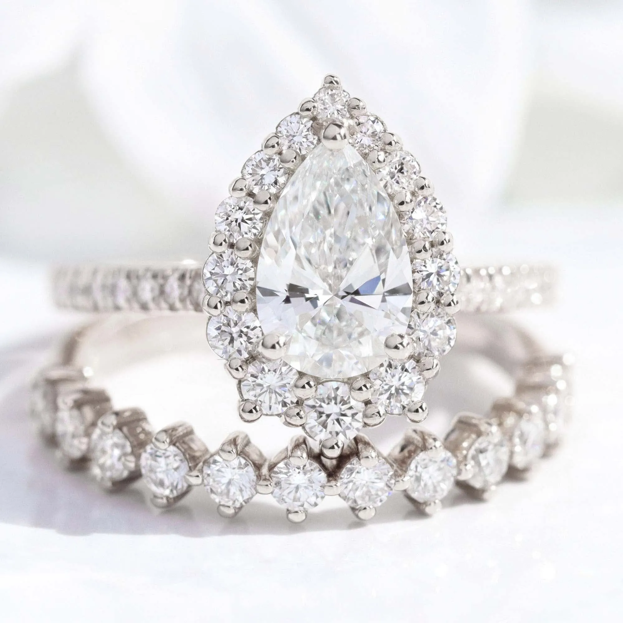 Pear Diamond Halo Pave Ring Set w/ Lab Diamond and 4 Prong Wedding Band