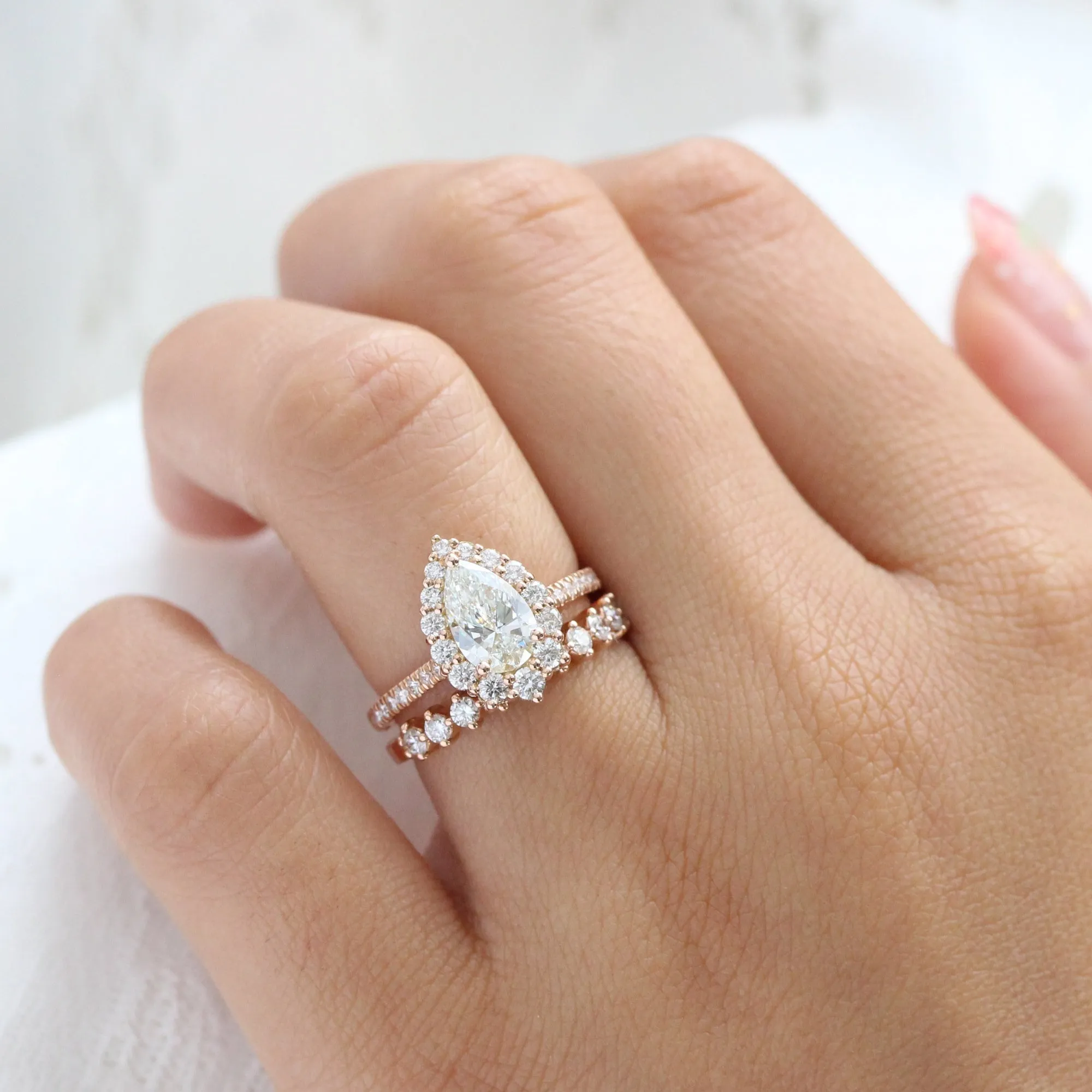 Pear Diamond Halo Pave Ring Set w/ Lab Diamond and 4 Prong Wedding Band