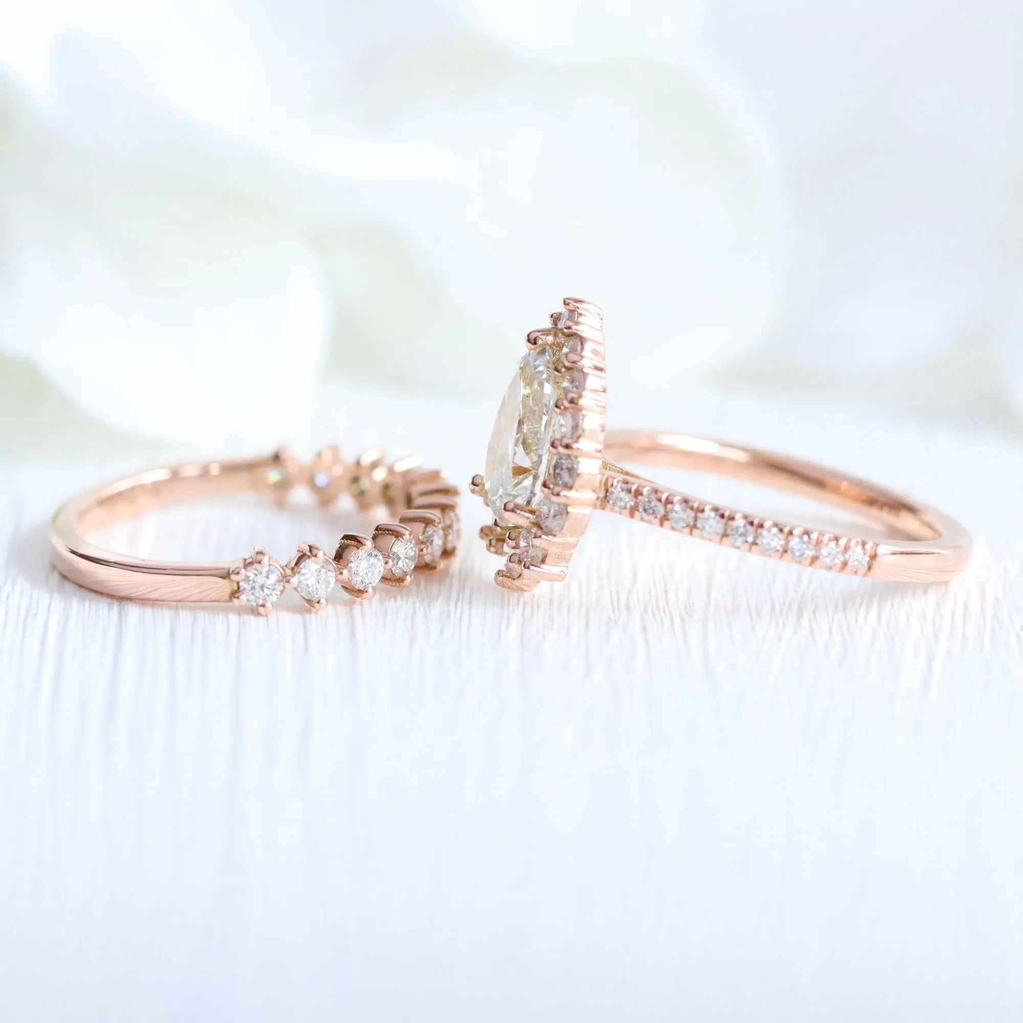 Pear Diamond Halo Pave Ring Set w/ Lab Diamond and 4 Prong Wedding Band