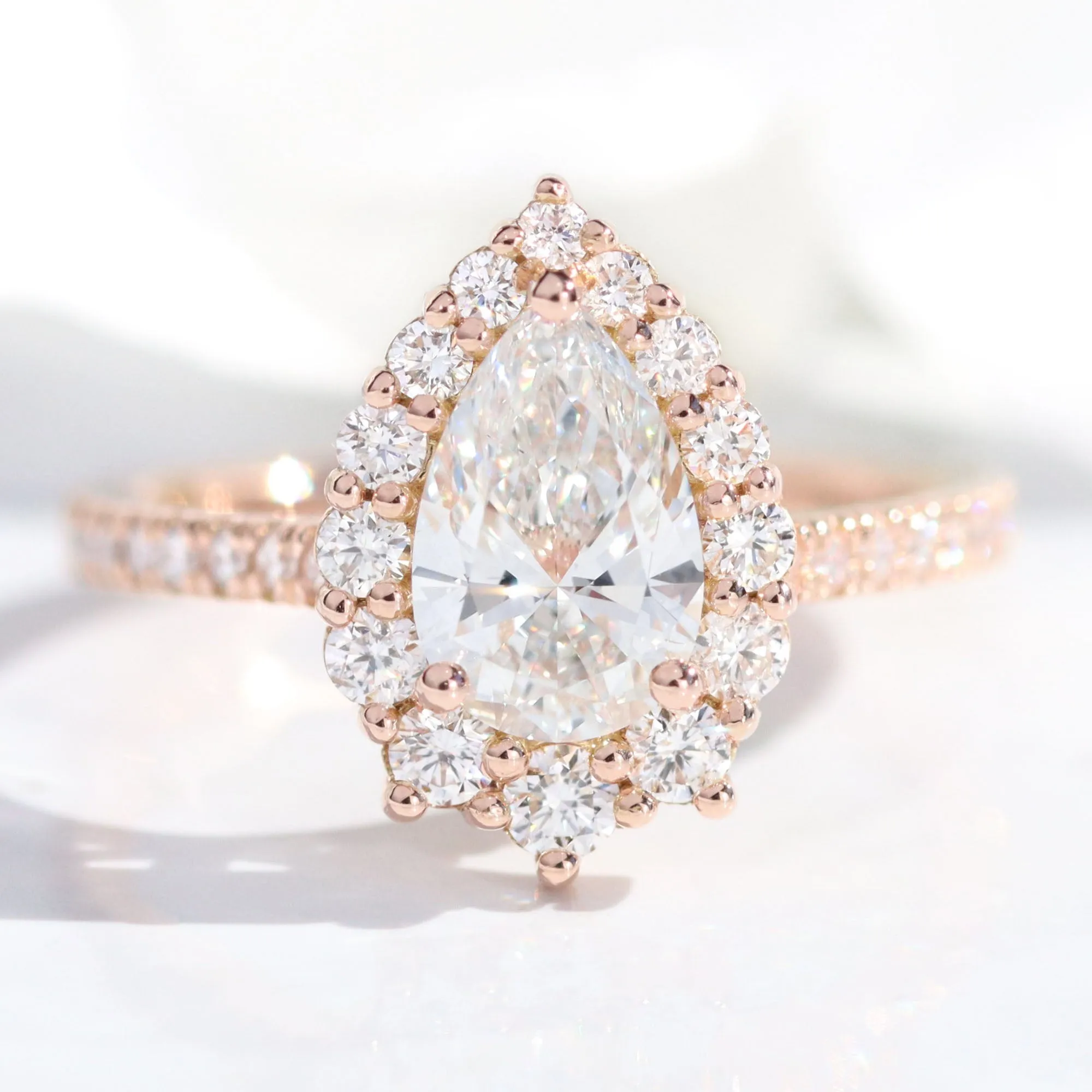 Pear Diamond Halo Pave Ring Set w/ Lab Diamond and 4 Prong Wedding Band