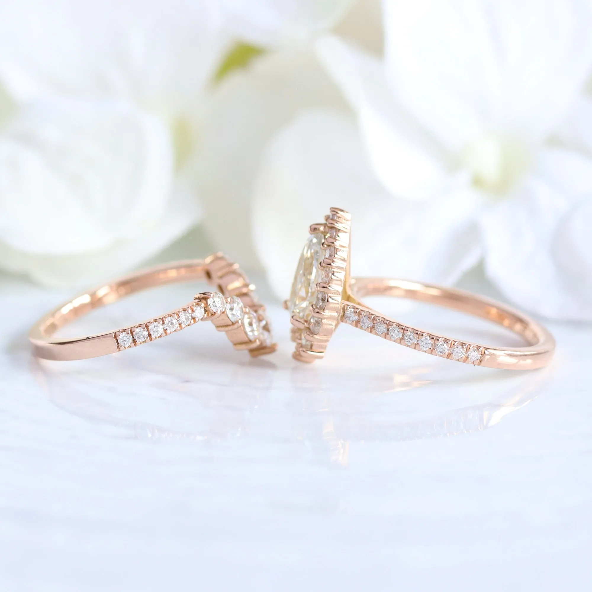 Pear Diamond Halo Pave Ring Set w/ Lab Diamond and Large 7 Stone Wedding Band