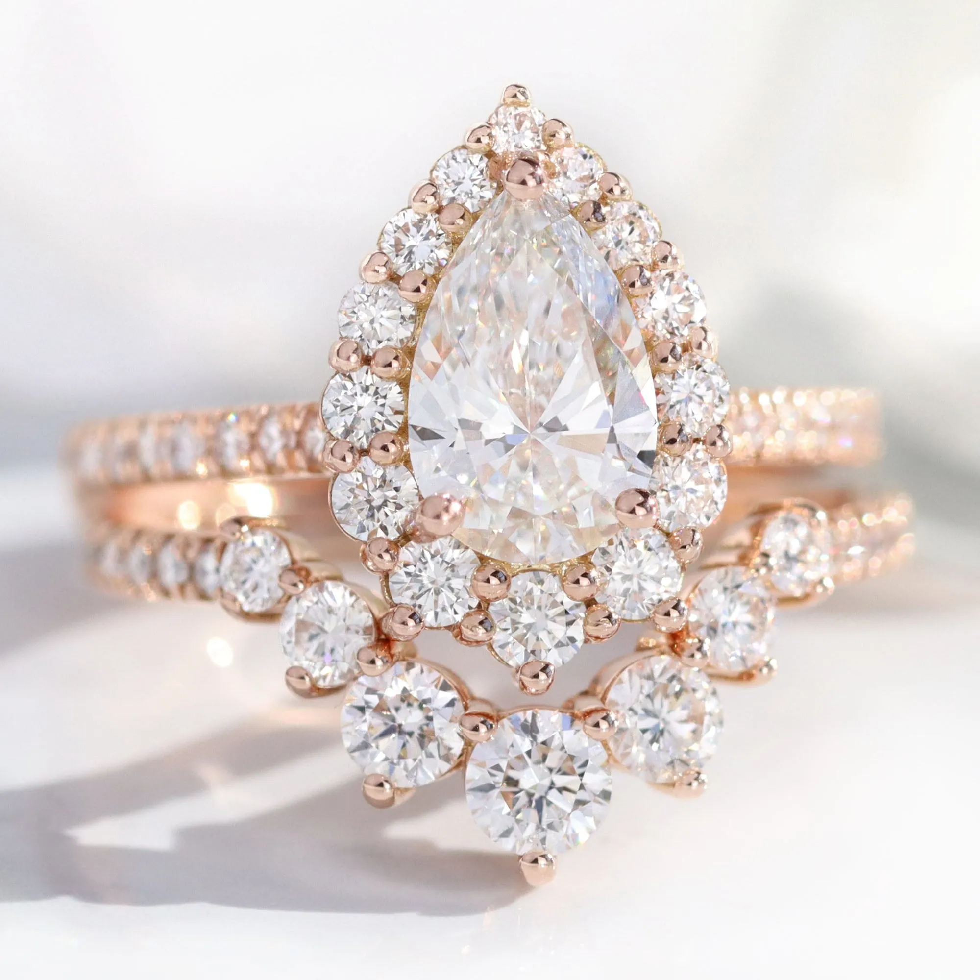 Pear Diamond Halo Pave Ring Set w/ Lab Diamond and Large 7 Stone Wedding Band