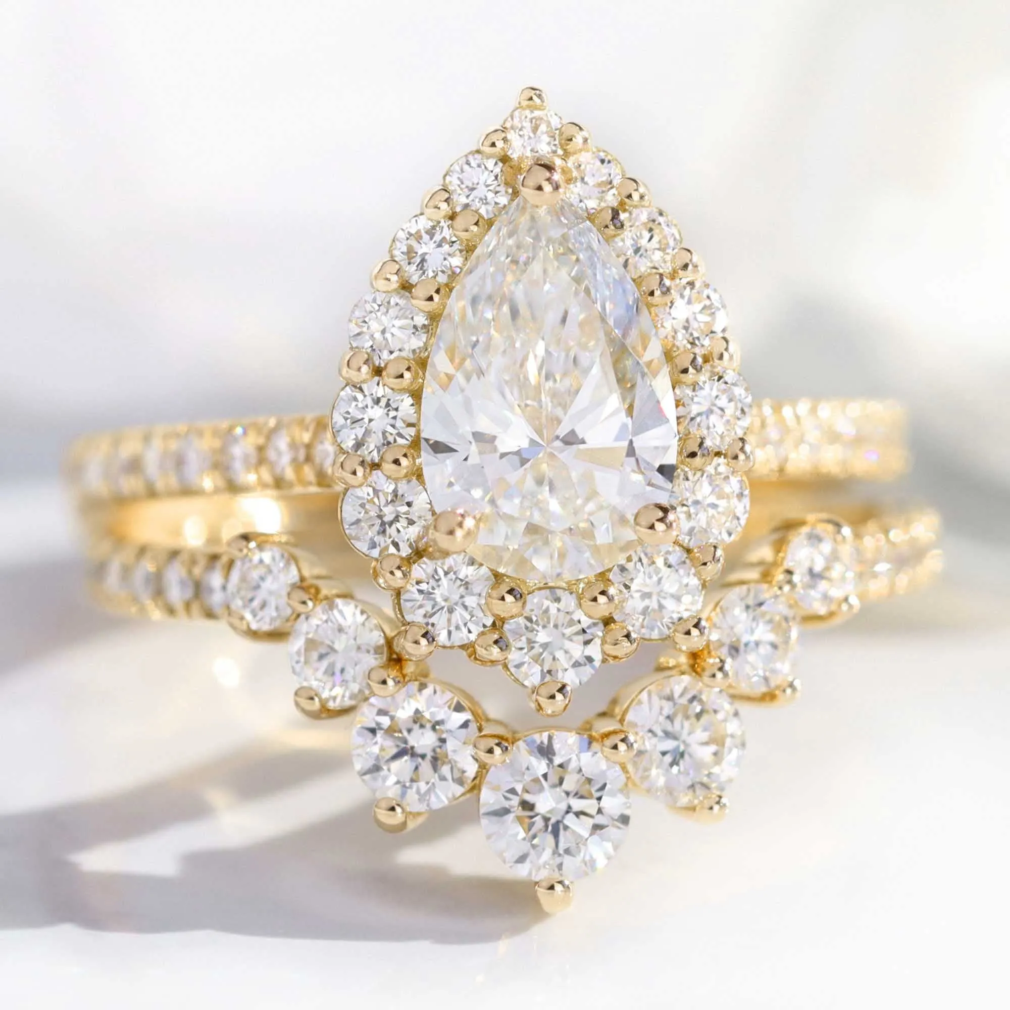 Pear Diamond Halo Pave Ring Set w/ Lab Diamond and Large 7 Stone Wedding Band