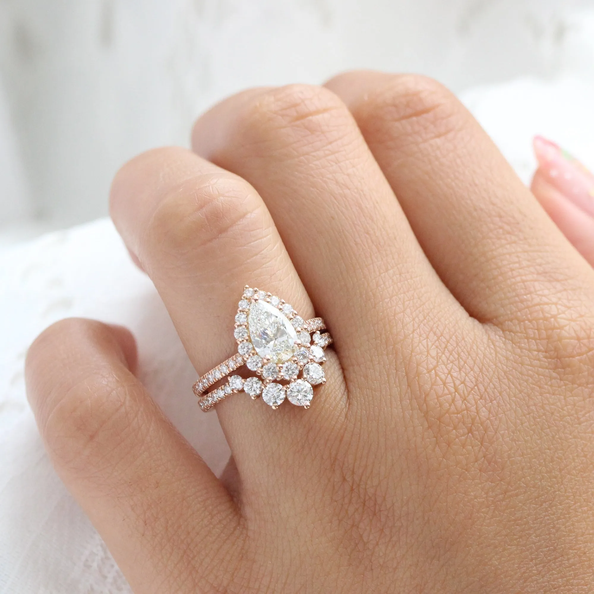 Pear Diamond Halo Pave Ring Set w/ Lab Diamond and Large 7 Stone Wedding Band