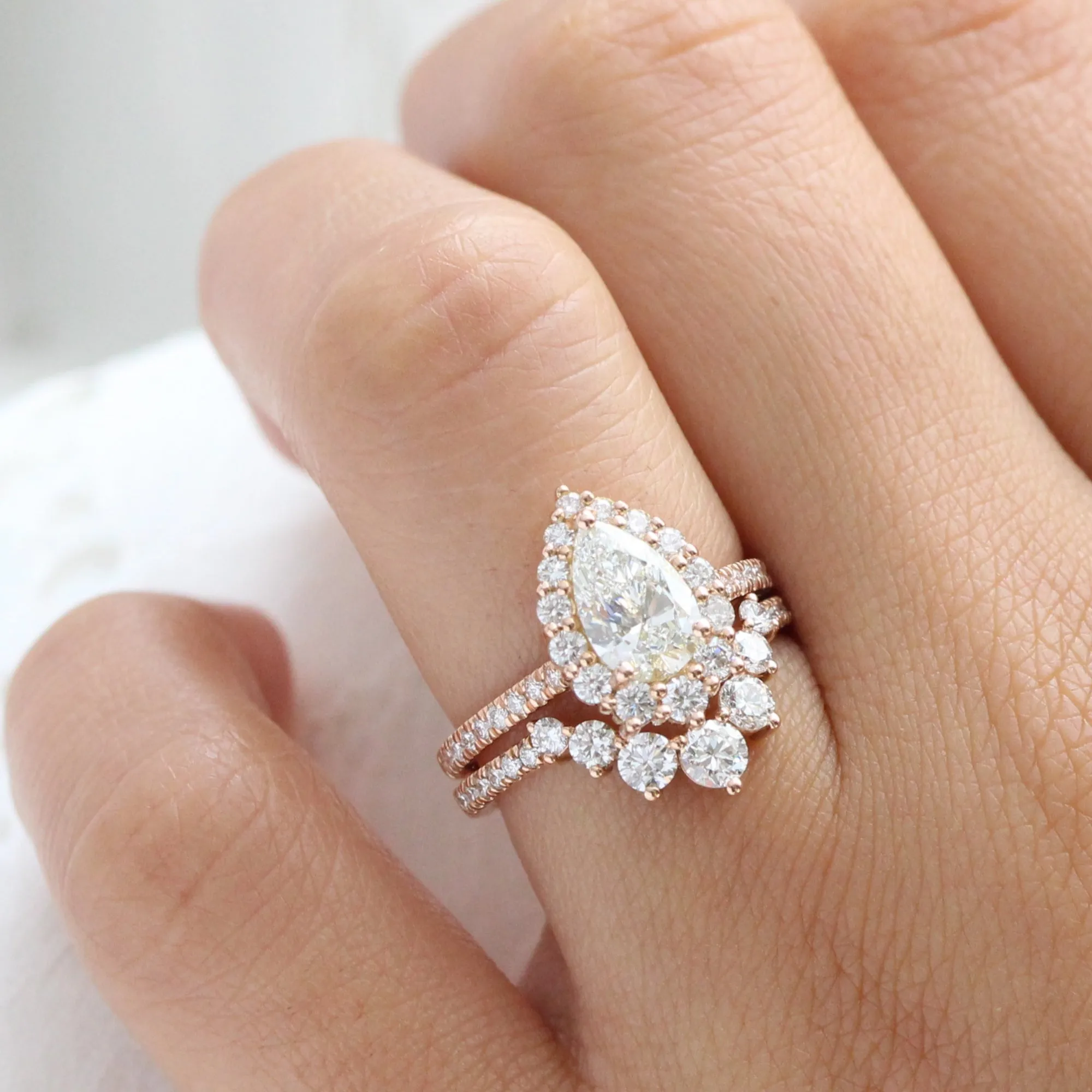 Pear Diamond Halo Pave Ring Set w/ Lab Diamond and Large 7 Stone Wedding Band