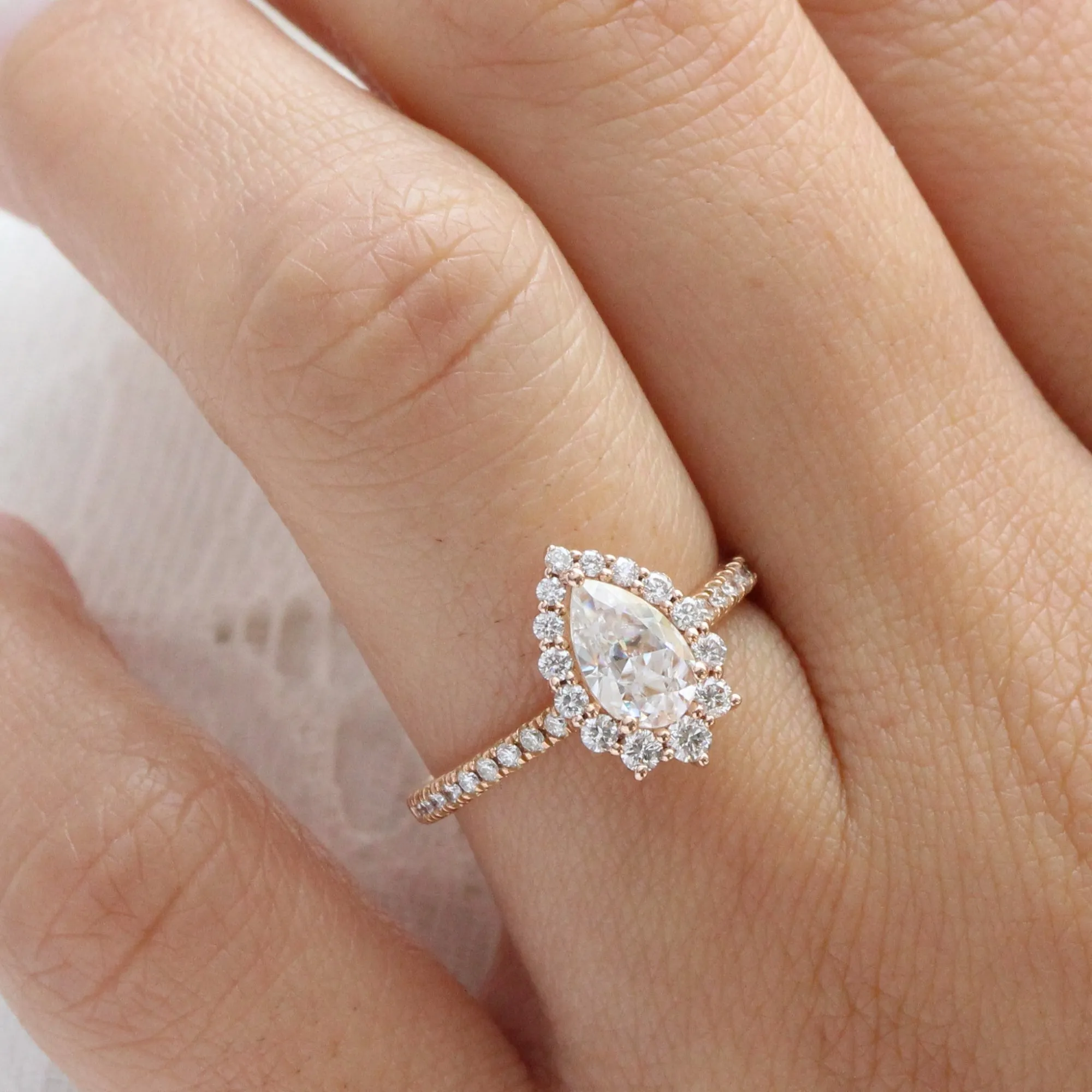 Pear Moissanite Engagement Ring in Tiara Halo Diamond Pave Band