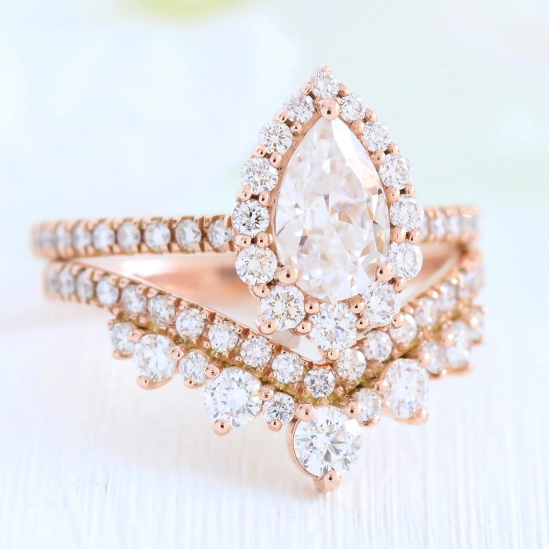 Pear Moissanite Engagement Ring in Tiara Halo Diamond Pave Band