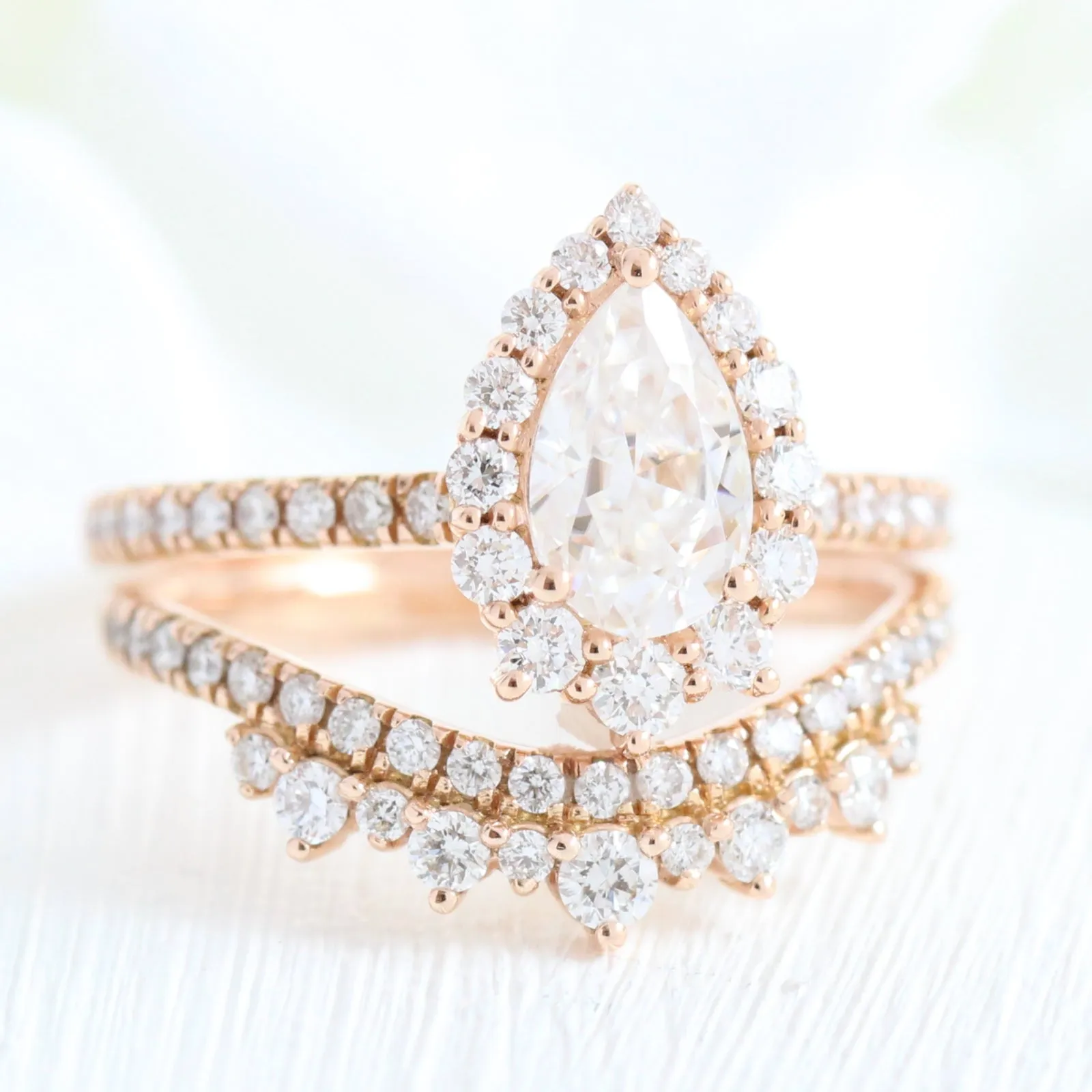 Pear Moissanite Engagement Ring in Tiara Halo Diamond Pave Band