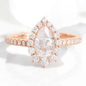 Pear Moissanite Engagement Ring in Tiara Halo Diamond Pave Band