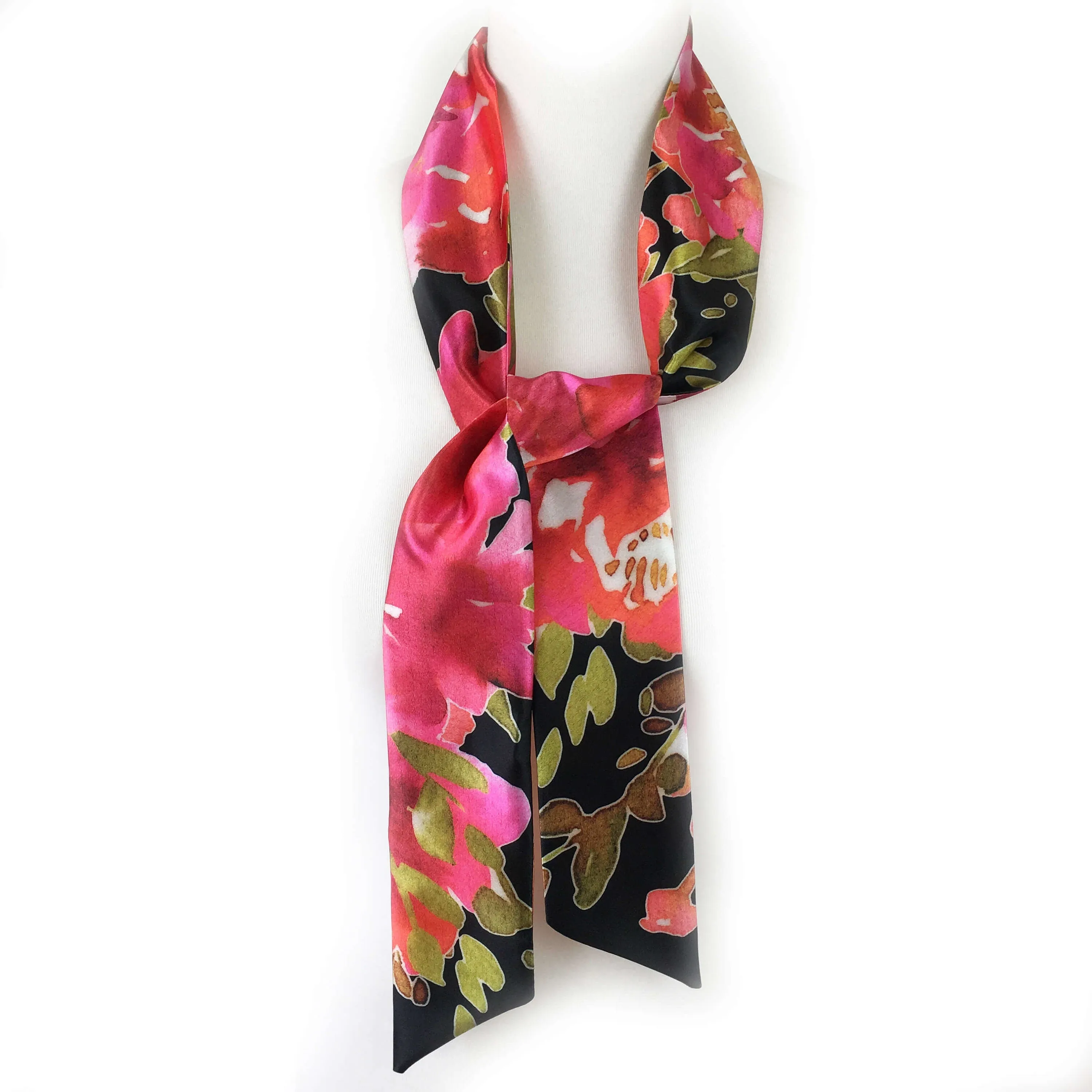 Petals Skinny Scarf,Woman Scarf, All season scarf, Lightweight Scarf,ladies scarf, artist scarf, floral scarf, satin scarf, Magenta