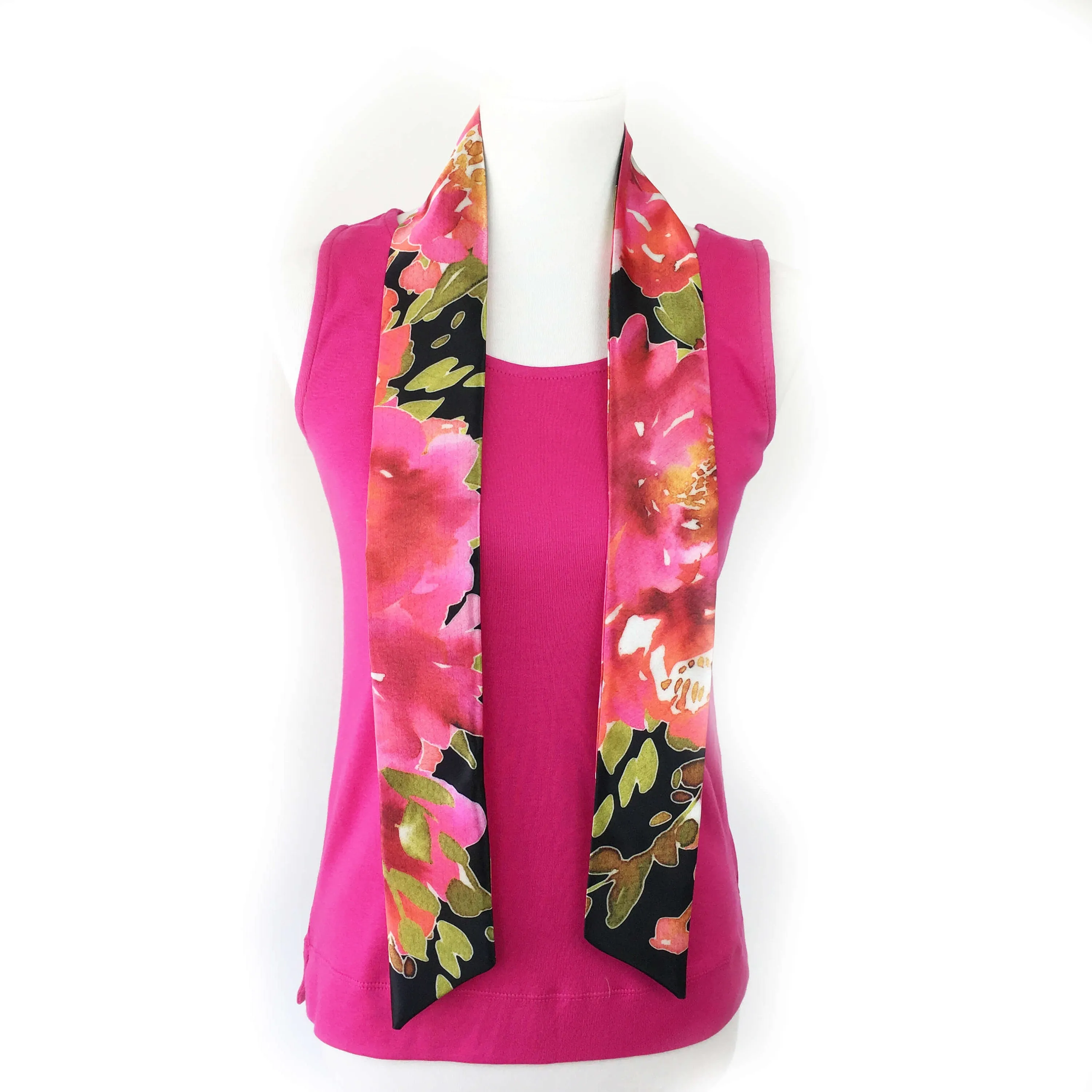 Petals Skinny Scarf,Woman Scarf, All season scarf, Lightweight Scarf,ladies scarf, artist scarf, floral scarf, satin scarf, Magenta