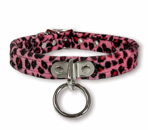 Pink Fuzzy Leopard Collar w/ Silver O Ring Detail