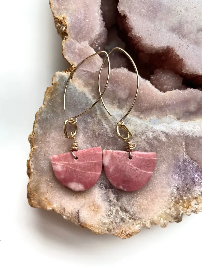 Pink Rhodonite Gold Filled Statement Crystal Gemstone Earrings