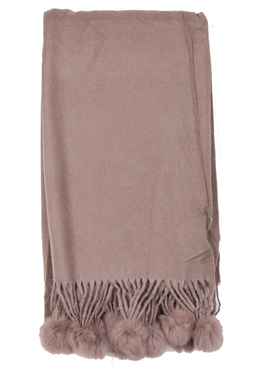 Plain Wool Mix Fringe Fur Pom Pom Scarf/Shawl