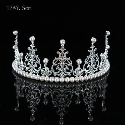 Premium Large Metal Tiara with Pearl and Diamond Cake Decoration - Silver